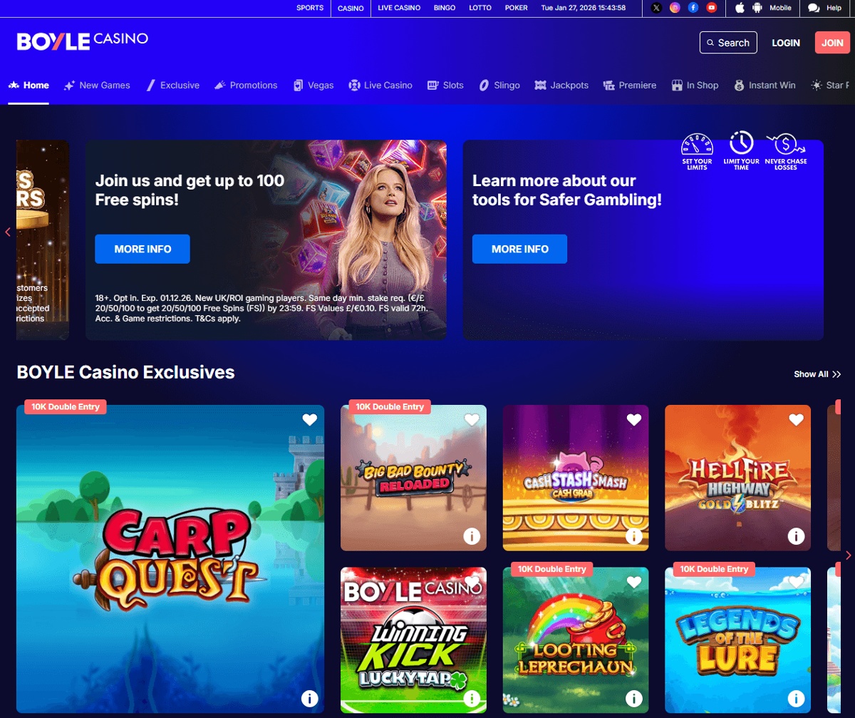 BOYLE Casino homepage showing sign up bonus and exclusive casino games